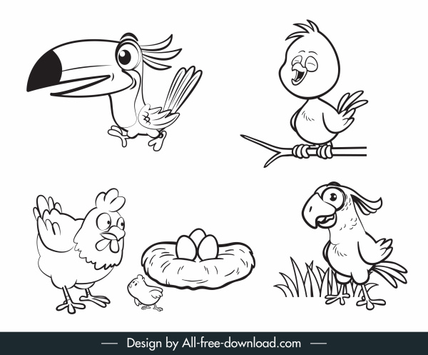 birds species icons cute handdrawn cartoon sketch