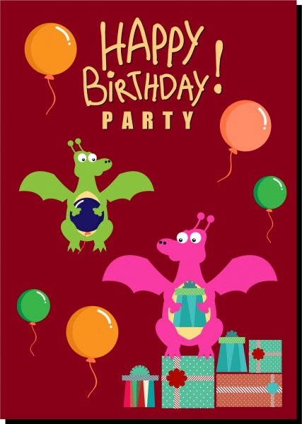 birthday background cute dragon colorful balloons icons decoration