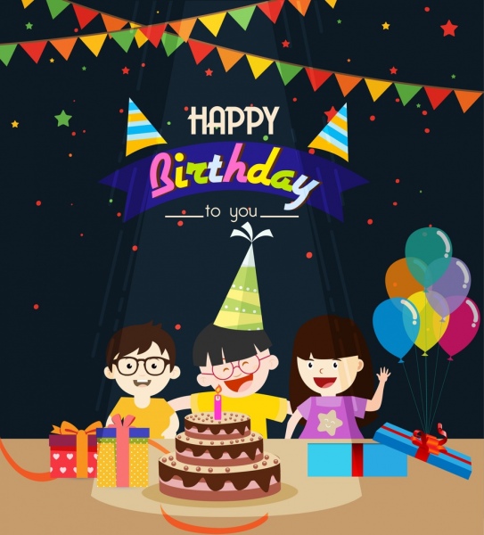 birthday background playful kids cake ribbon balloon icons