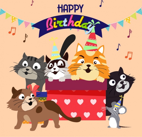 birthday banner cute cats icons multicolored cartoon 