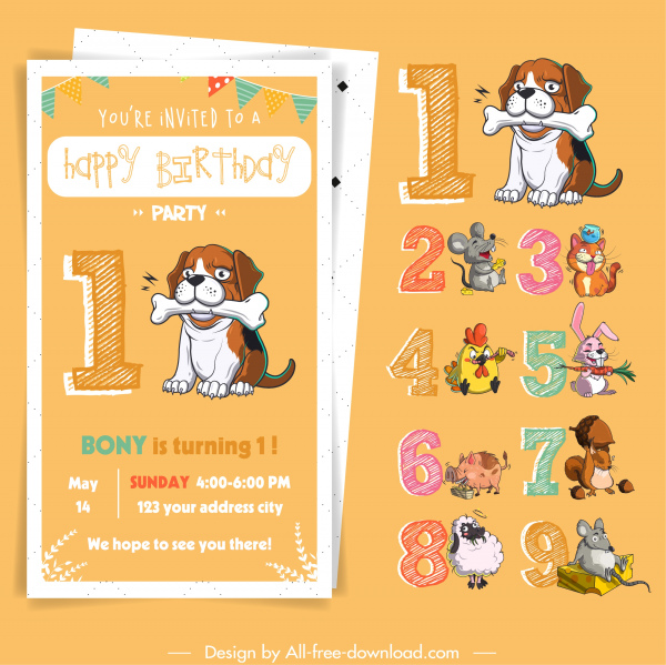 birthday card design elements classic numbers animals sketch
