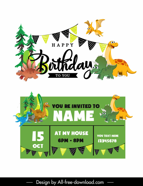 birthday card template cute dinosaur icons cartoon sketch