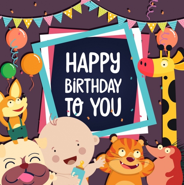 birthday card template cute kid animals icons decor 