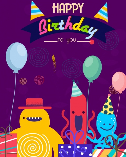 birthday card template cute stylized cartoon characters 