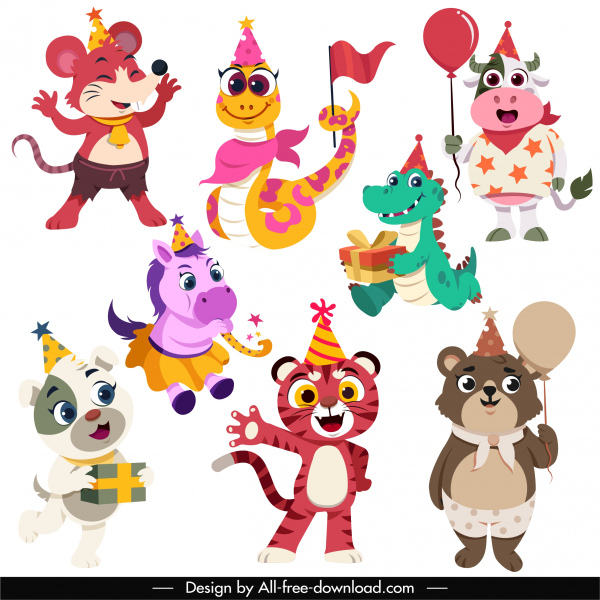 birthday decor icons cute stylized animals cartoon characters