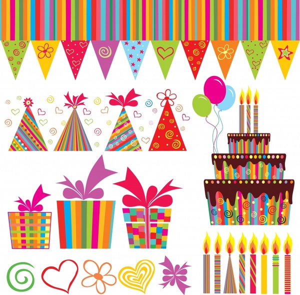 birthday design elements colorful flat symbols sketch