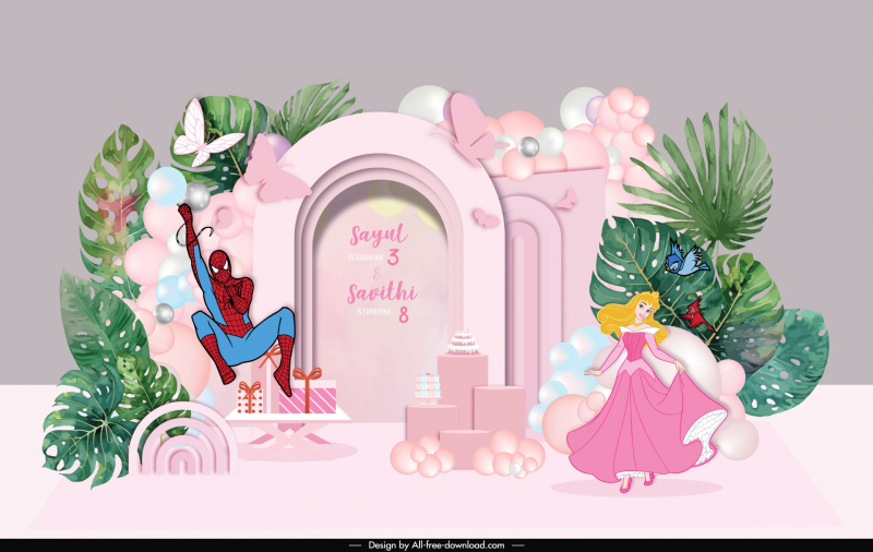  birthday party card design elements cute dynamic cartoon aurora spiderman  