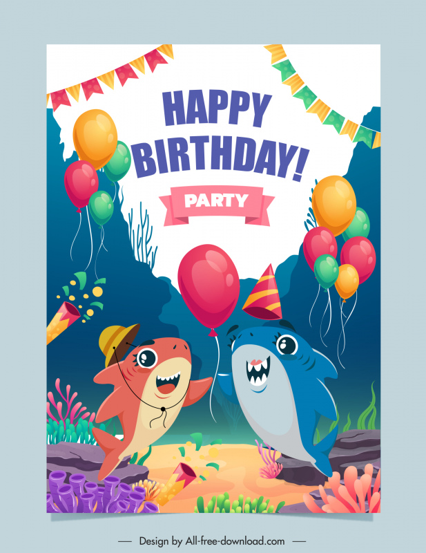 birthday party poster template cute stylized baby sharks balloon confetti sketch cartoon design 