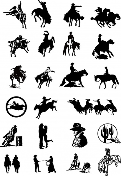 cow boy icons collection silhouette sketch 