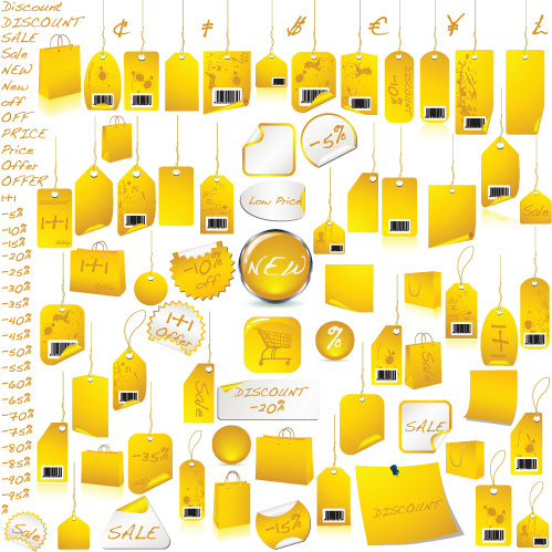 black and yellow discount tags with stickers vector