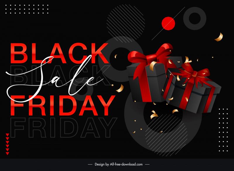 black friday discount banner template dark 3d blurred presents confetti 