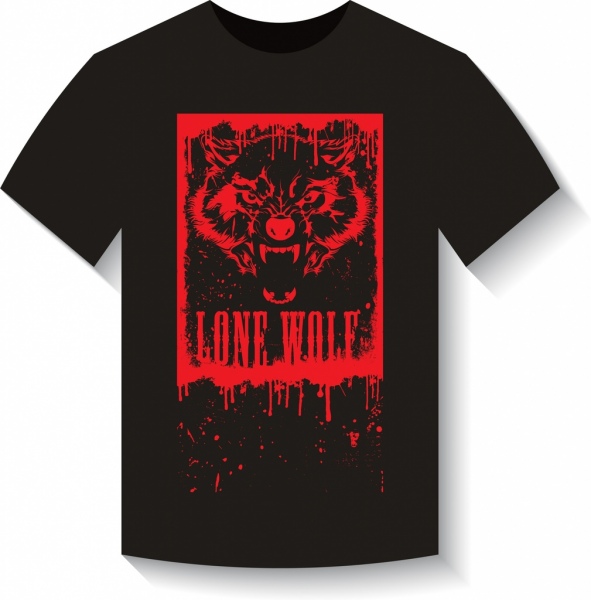 black tshirt template red wolf icon fearful style