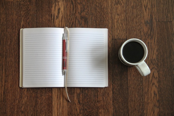 blank open notebook 038 coffee on desk