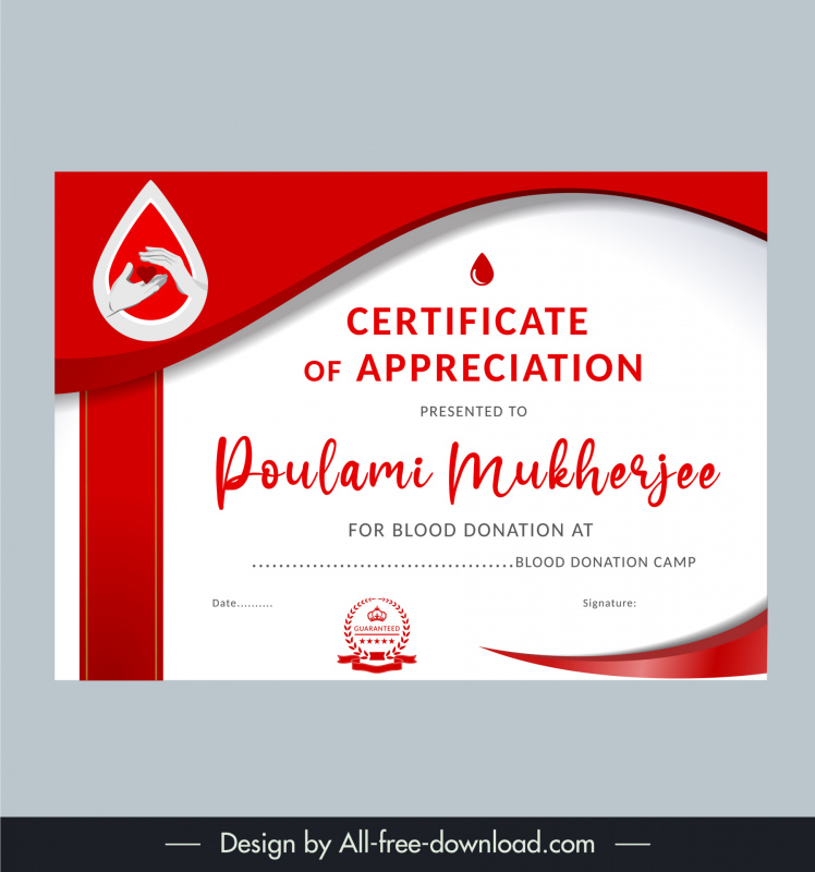 blood donation certificate elegant curves blood shapes hands ornament
