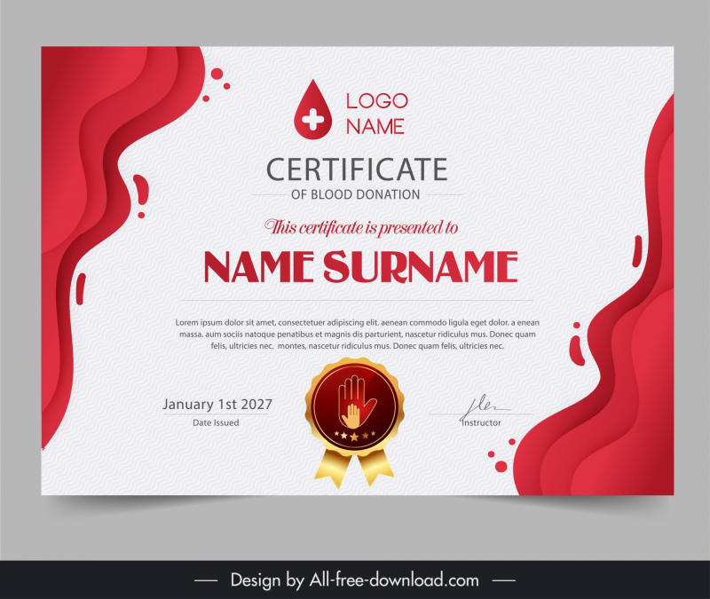 blood donation certificate template elegant flat curves