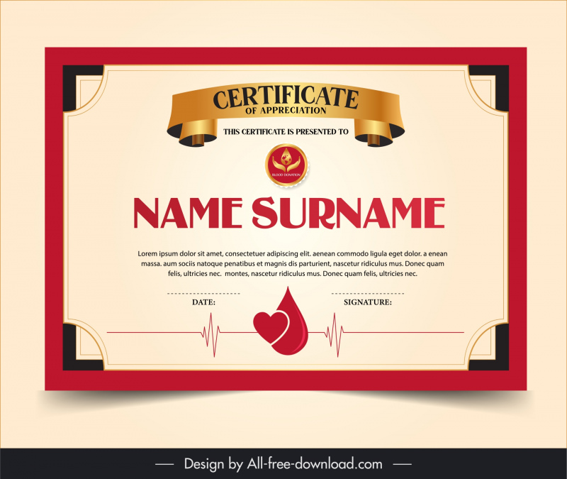 blood donation certificate template elegant symmetric frame ribbon
