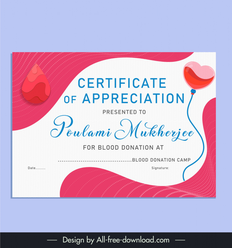 blood donation certificate template flat elegant curves blood heart shapes decor