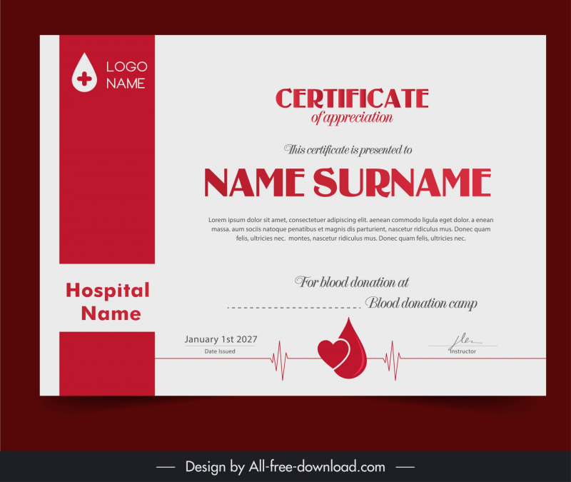 blood donation certification template elegant flat heart cardiogram decor