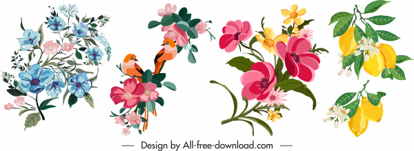 blooming floral icons colorful classical decor