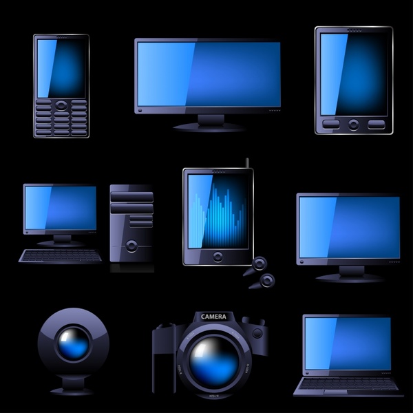 digital technology devices icons shiny modern realistic sketch