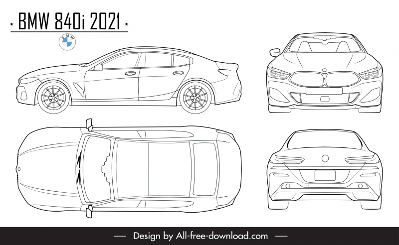 bmw 840i 2021 car model advertising template flat black white handdrawn different views outline