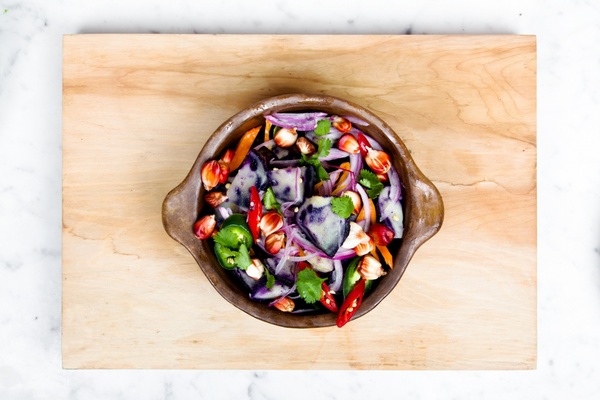 board bowl chili close up down food herb kitchen