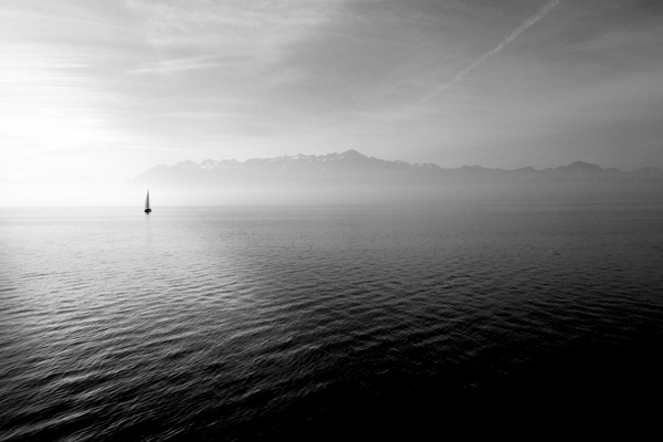 boat cloud fog mist mountain ocean ripple sail sea