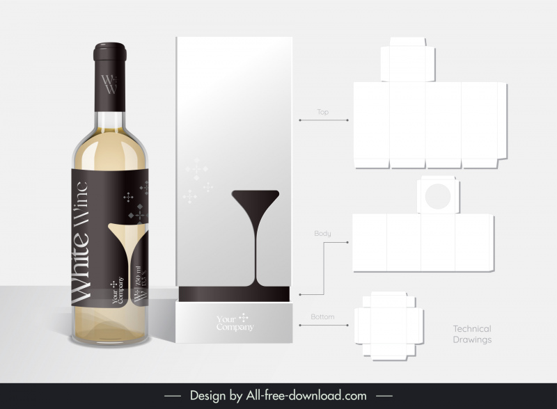 box and bottle jar sticker package design for white wine template elegant luxury decor papercut sketch