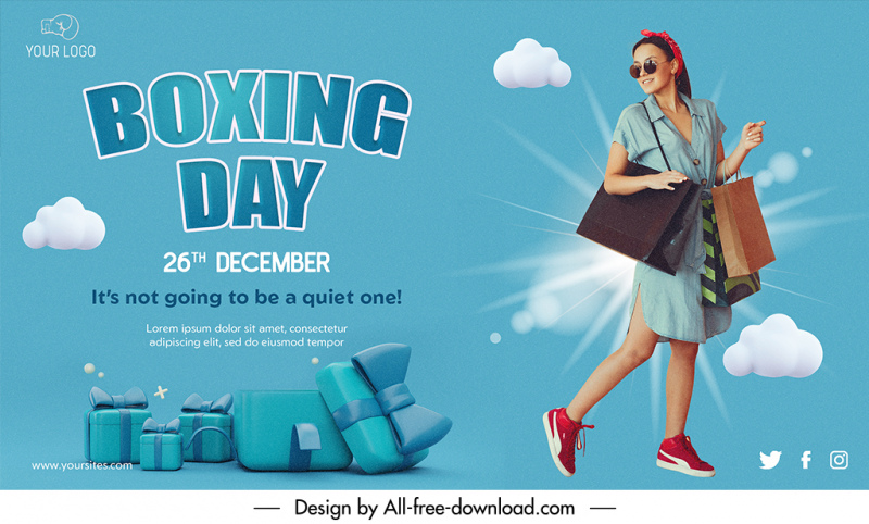 boxing day banner template modern realistic shopping lady presents sketch