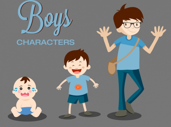 boy characters icons growing sequence cartoon design