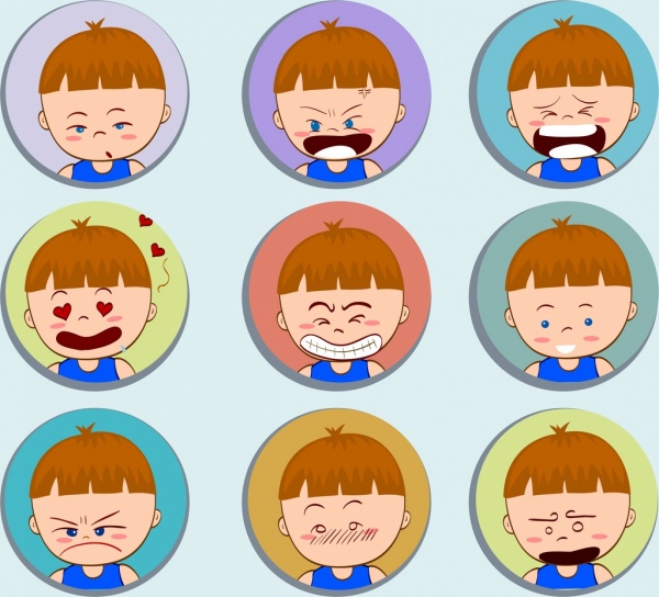 boy emotional faces icons collection round isolation