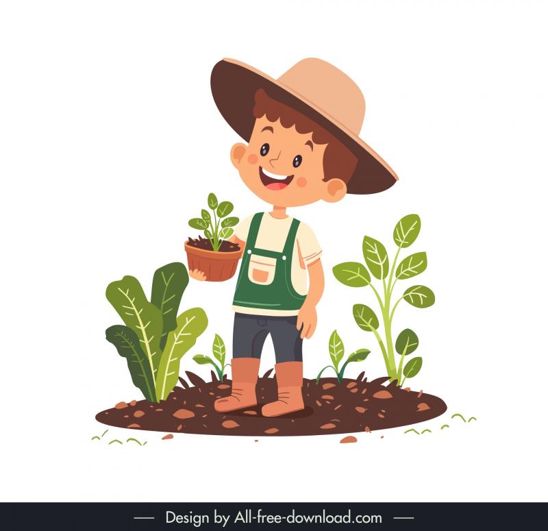 Boy farmer gardening design elements cute cartoon Vectors images ...