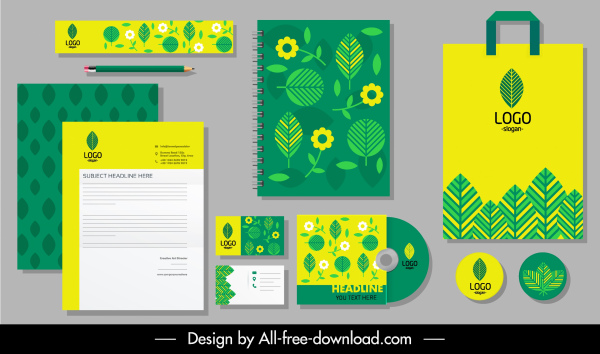 brand identity sets green yellow flat leaf flora decor