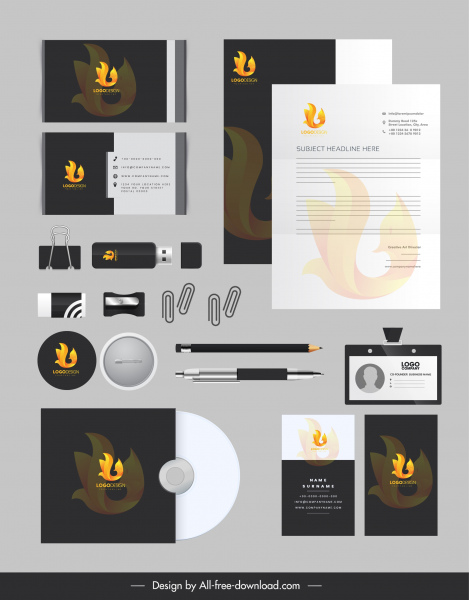 branding identity sets fire logo decor dark design