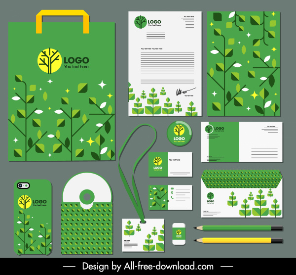 branding identity sets green ecological leaves decor