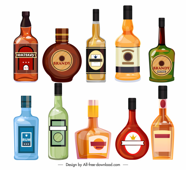 brandy bottles icons colored flat sketch