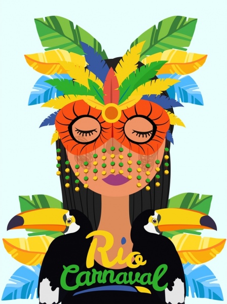 brazil carnival banner lady mask parrot icons decor
