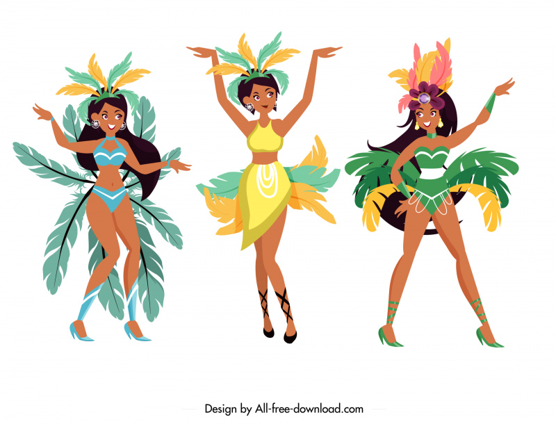 brazil carnival dancers icons cute cartoon characters design