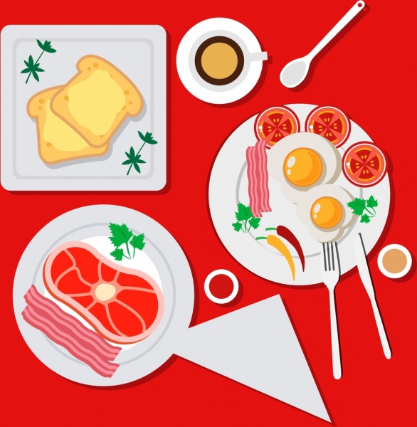 breakfast background bread fried eggs bacon icons decor 