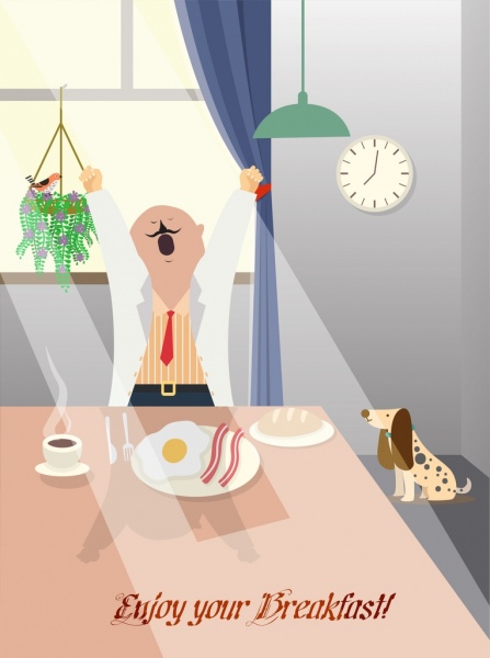 breakfast banner yawning man home interiors cartoon design 