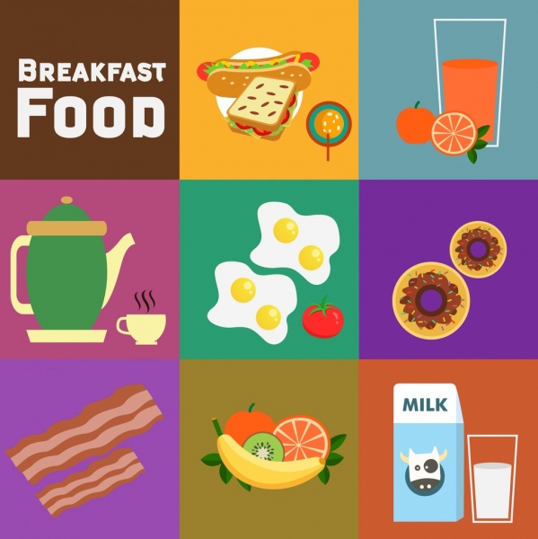 breakfast design elements various colored symbols flat design