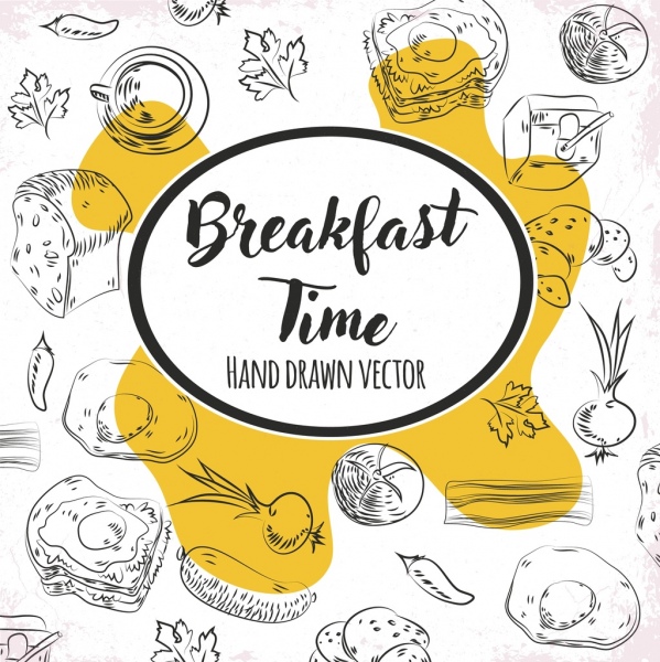 breakfast time banner food icons handdrawn sketch