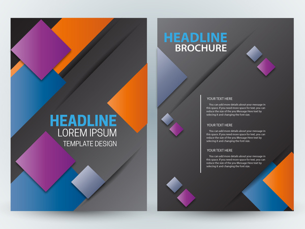 brochure design with colorful squares and dark background
