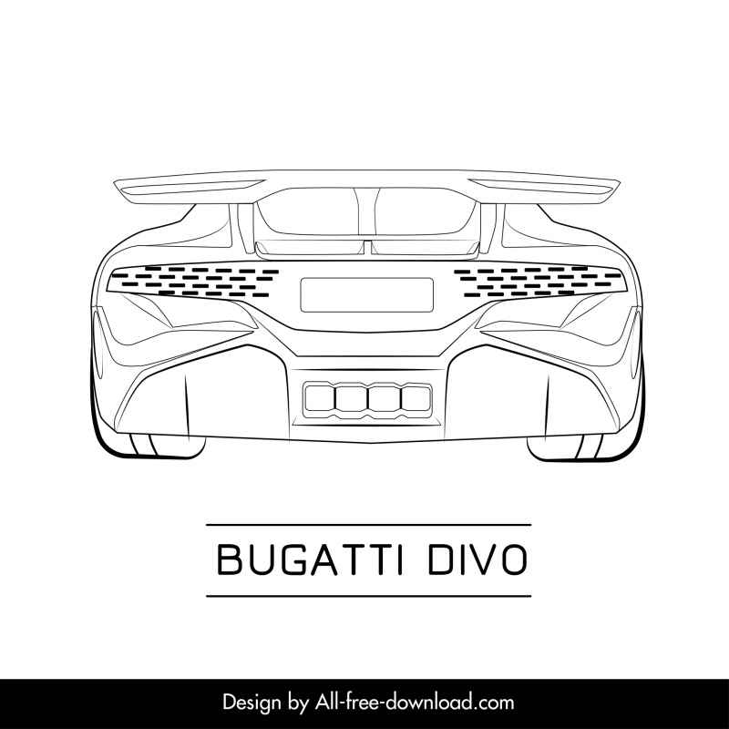 bugatti divo car model icon flat black white handdrawn back view outline