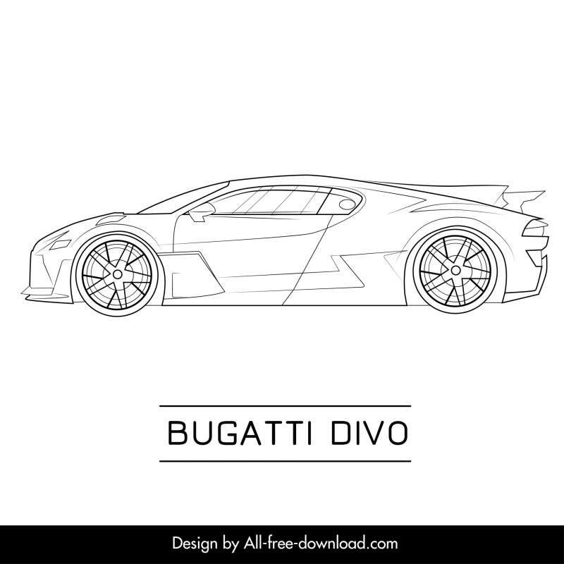 bugatti divo car model icon flat black white handdrawn side view outline