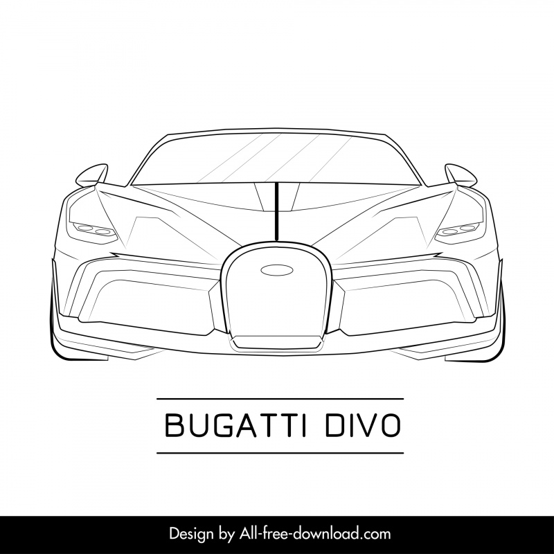 bugatti divo car model icon front view outline flat  black white symmetric handdrawn design