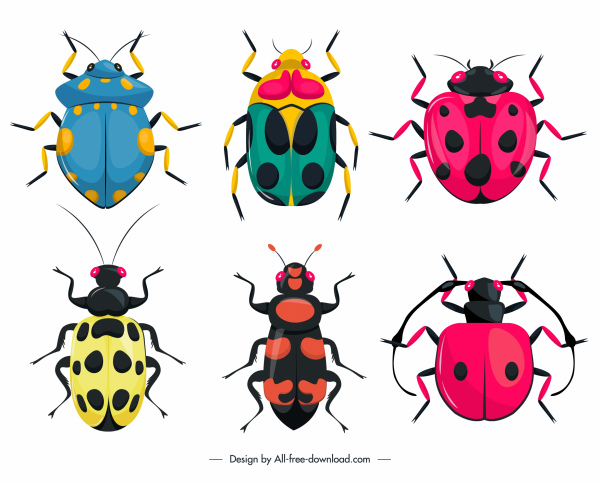 bugs creatures icons colorful flat symmetric design