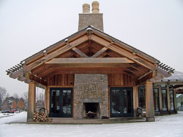 building with outdoor fireplace