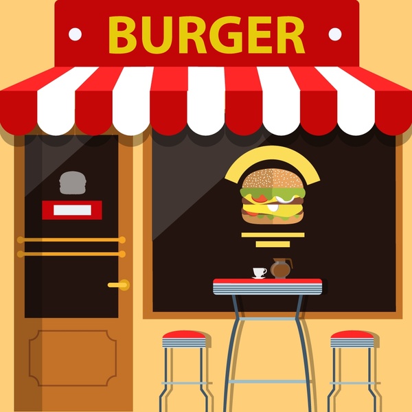 burger store facade design with food on window 