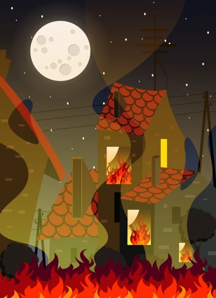 burnt house background fire building moonlight icons